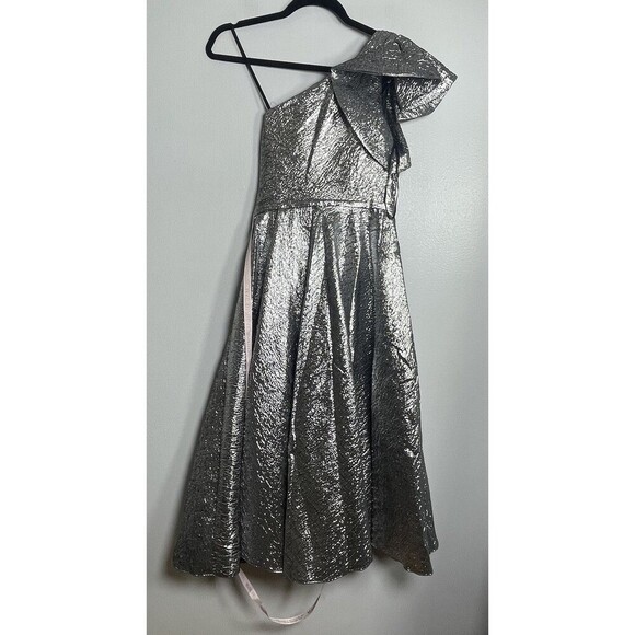 MAC DUGGAL One Shoulder Bow Midi Dress Size 2 Silver NEW Party Formal Wedding - Picture 9 of 14